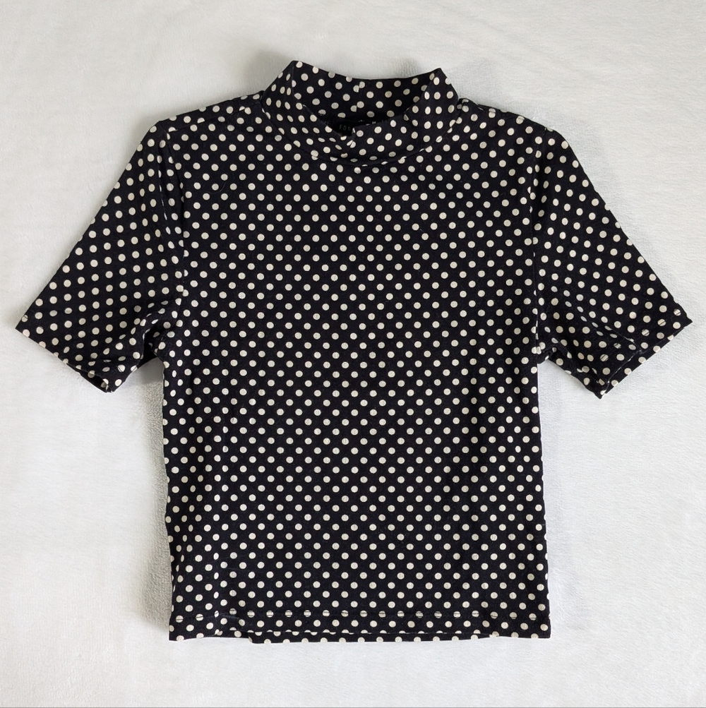 Polka Dot Mock Neck Black White Short Sleeve Fitted Top Size Small